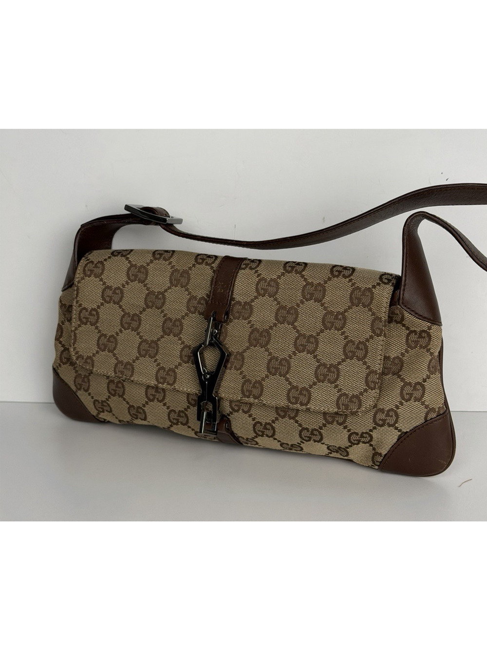 Gucci GG Vintage Jackie O Flap Bag Monogram Canvas & Piston Closure S09